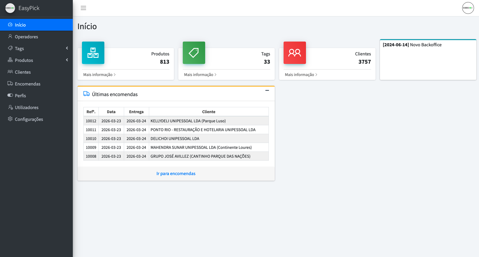 Interface do easyPick Backoffice mostrando dashboard de encomendas